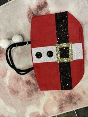 Mud Pie Red Santa Belt Kids Tote with Black Handles and White Pom Poms
